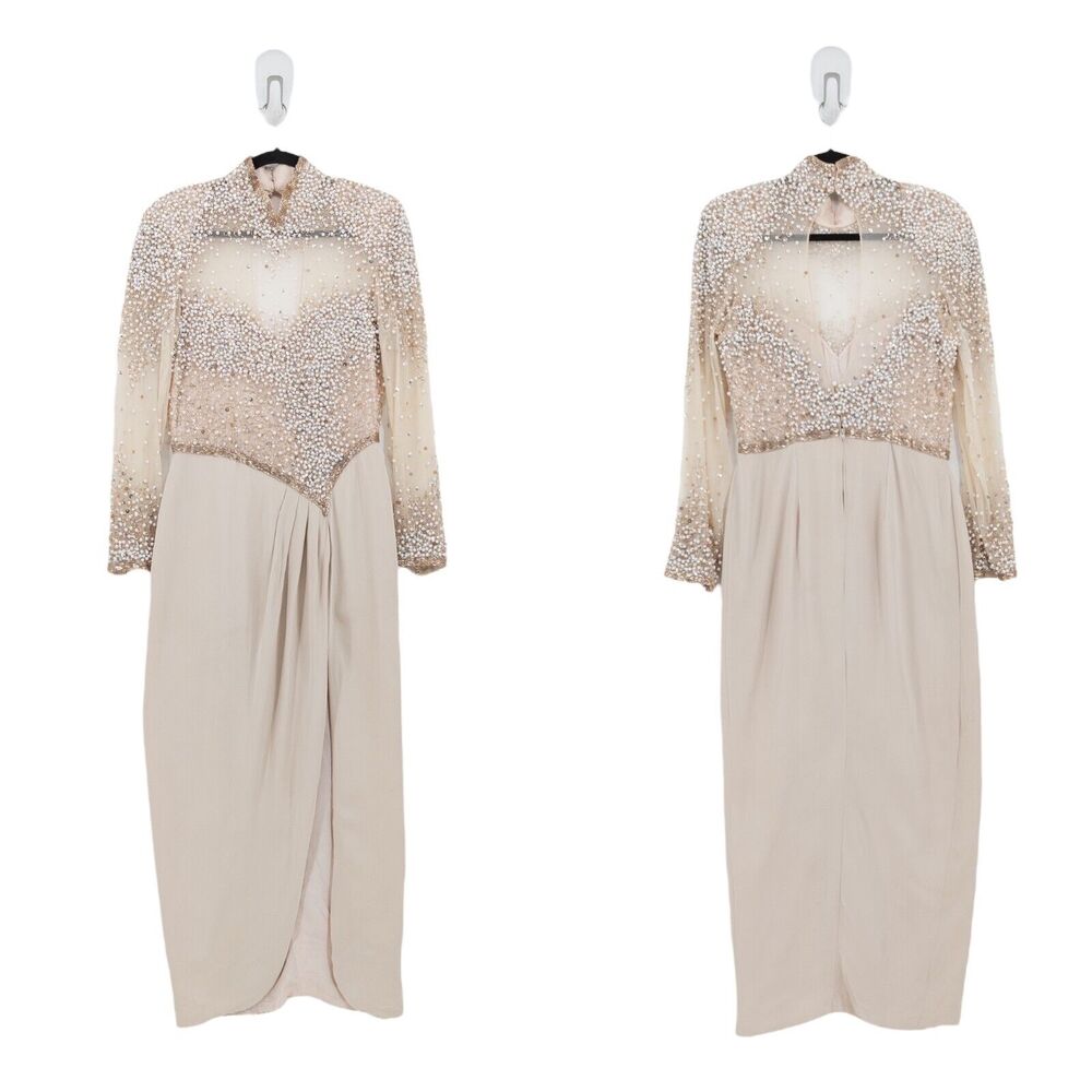 Stephen Yearick Women 14 Dress Champagne Beige Silk High Neck Beaded Pleat FLAW